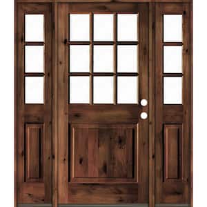 64 in. x 80 in. Rustic Knotty Alder Clear 9-Lite Red Mahogony Stain Wood Left Hand Single Prehung Front Door/Sidelites