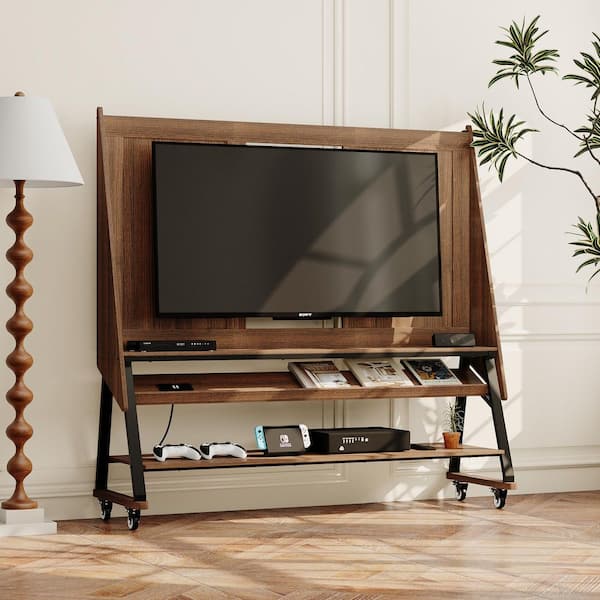 Espresso Wood Grain TV Stand Fits TVs up to 65 in. with TV Mount, Shelves, Locking Wheels