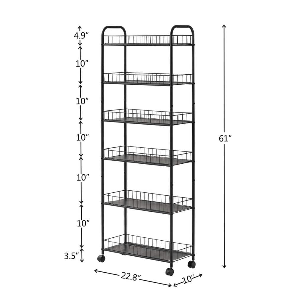 Black Metal 6-Tier Slim Rolling Storage Cart with Lockable Wheels