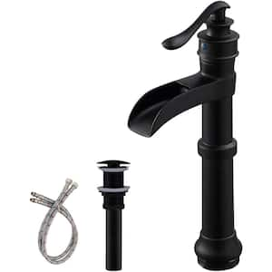 Single Hole Single Handle Waterfall Bathroom Vessel Sink Faucet with Pop Up Drain in Matte Black