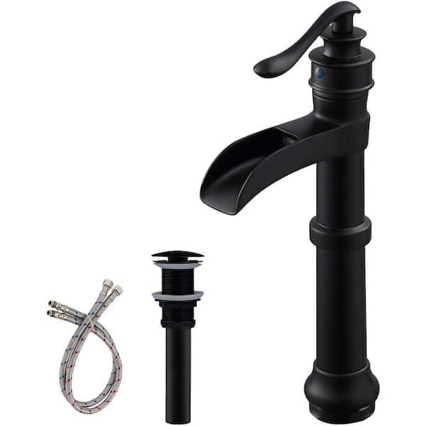 DESwan Single Hole Single Handle Waterfall Bathroom Vessel Sink Faucet with Pop Up Drain in Matte Black