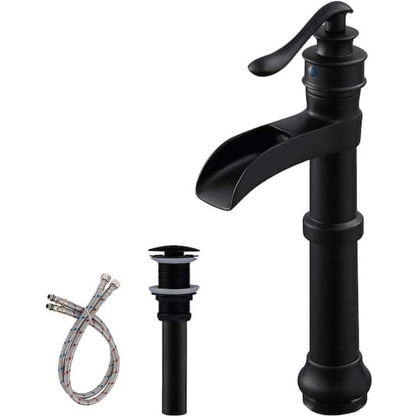 KINWELL Single Hole Single Handle Waterfall Bathroom Vessel Sink Faucet with Pop Up Drain in Matte Black