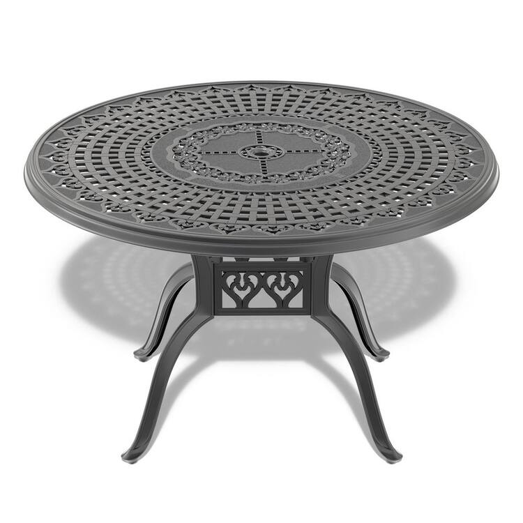 Runesay 47.24 inch Cast Aluminum Patio Outdoor Dining Table With Black Frame and Umbrella Hole
