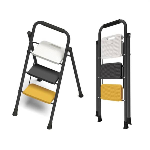 3-Step Ladder, Folding Step Stool with Wide Steps and Convenient Handle, 500-lb. Weight Capacity, Reach 227.17 ft. Steel