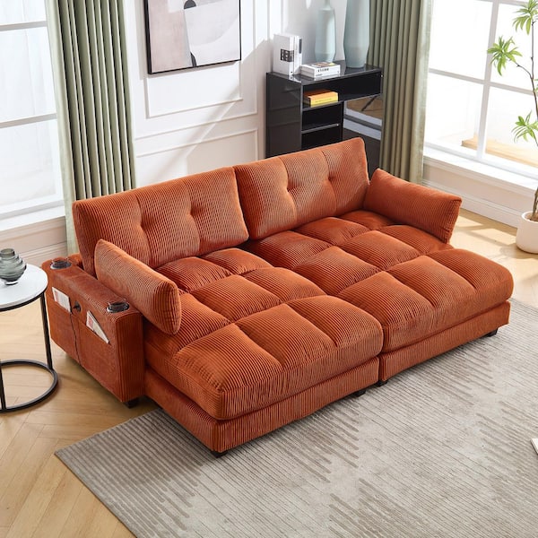91 in. Corduroy Tufted Sectional Sofa in Orange Chaise Lounge with USB Ports Cup Holders and Pillows Adjustable Headrest
