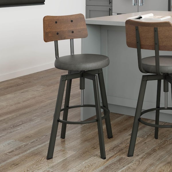 Amisco Symmetry Semi-Transparent Metal Medium Grey Polyurethane Brown Wood Adjustable Stool