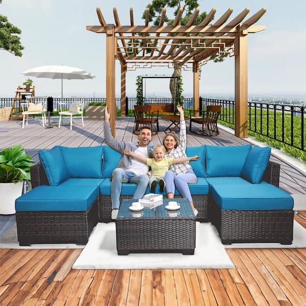 JimsMaison 7-Piece Brown Wicker Patio Conversation Set with Coffee Table and Blue Cushion