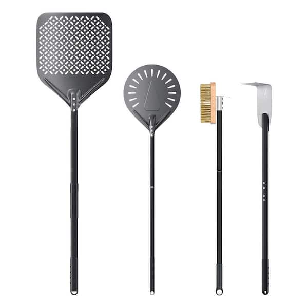 Aluminum Silver Pizza Oven Kit with Perforated Peel Turning Peel Brush Ash Rake for Wood Burning Ovens 4 Piece
