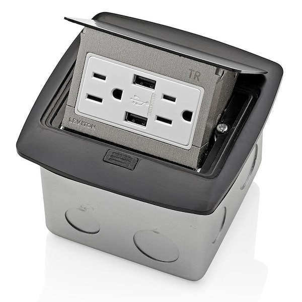 Leviton Pop-Up Floor Box with Dual Type A, 3.6 Amp USB Charger, 15 Amp Outlet, Black PFUS1-MB