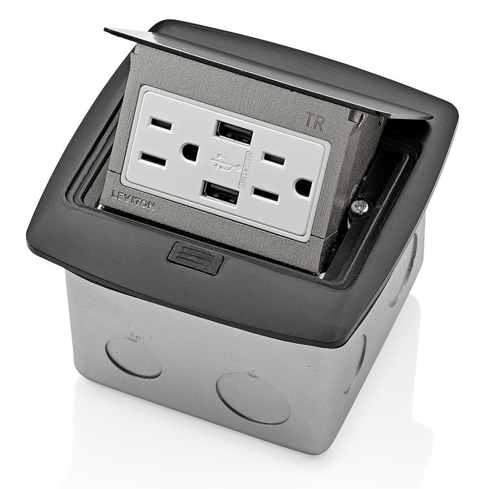 Leviton Pop-Up Floor Box with Dual Type A, 3.6 Amp USB Charger, 15 Amp Outlet, Black