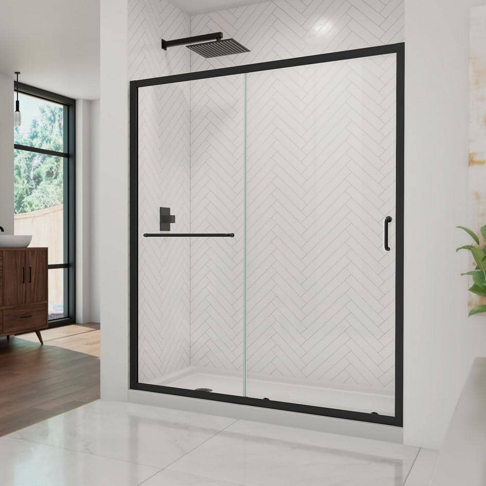 Infinity-Z 60 in. W x 74.75 in. H Sliding Semi Frameless Shower Door in Satin Black with Clear Glass Left Drain Base price history on PriceWatchPro