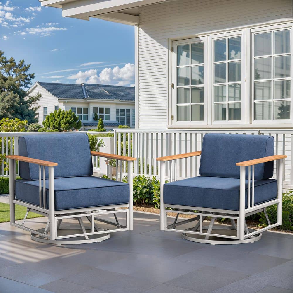 BoulderSeat White Swivel Glider Metal Outdoor Rocking Chair with 6 in. Thick Olefin Blue Cushions (2-Pack) price history on PriceWatchPro