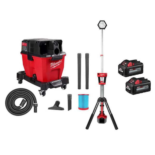 M18 FUEL 9 Gal. Cordless DUAL-BATTERY Wet/Dry Shop Vacuum & Dual Power Tower Light w/M18 6.0Ah Batteries (2-Pack)