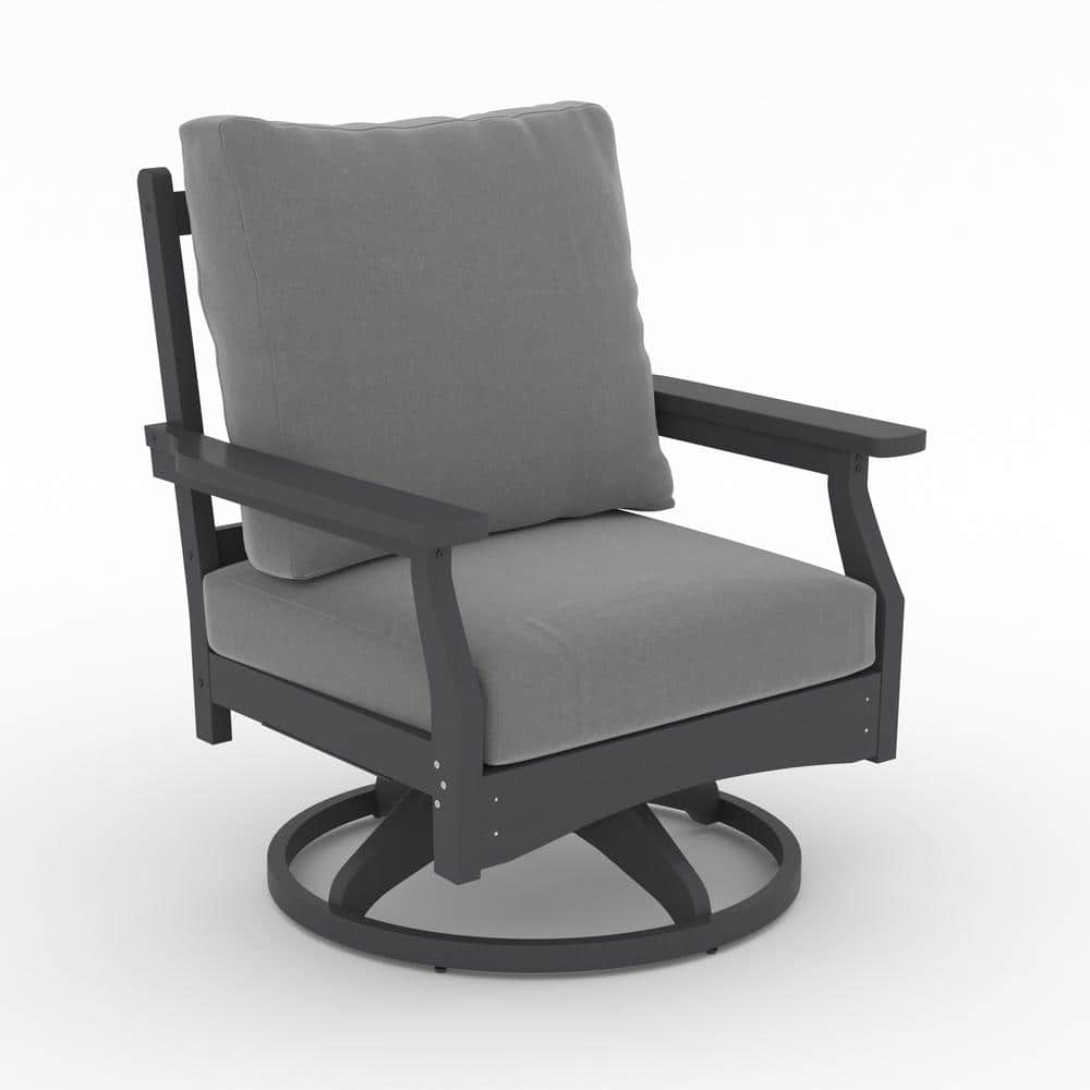 Gray HDPE 5-Piece Fire Pit Table Set with Cushioned Rock-Swivel Chairs