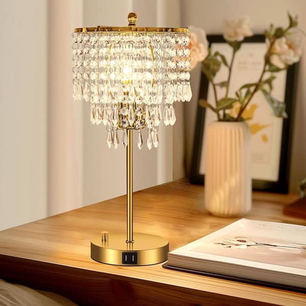 17 in. Gold LED Crystal Task & Reading Table Lamp with 3-Way Dimmer and USB Ports for Bedrooms and Living Spaces
