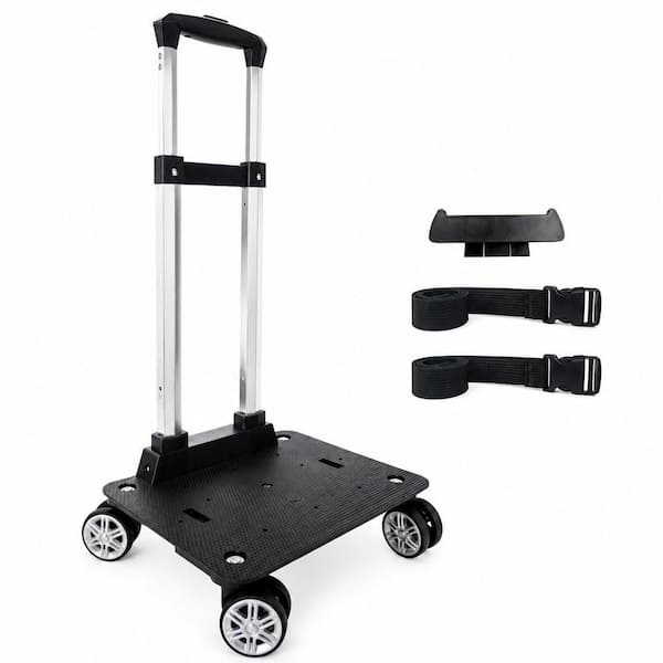 Black Aluminium Alloy Folding Luggage Cart with Luggage Strap, Backpack Trolley Wheeled Cart for Bags