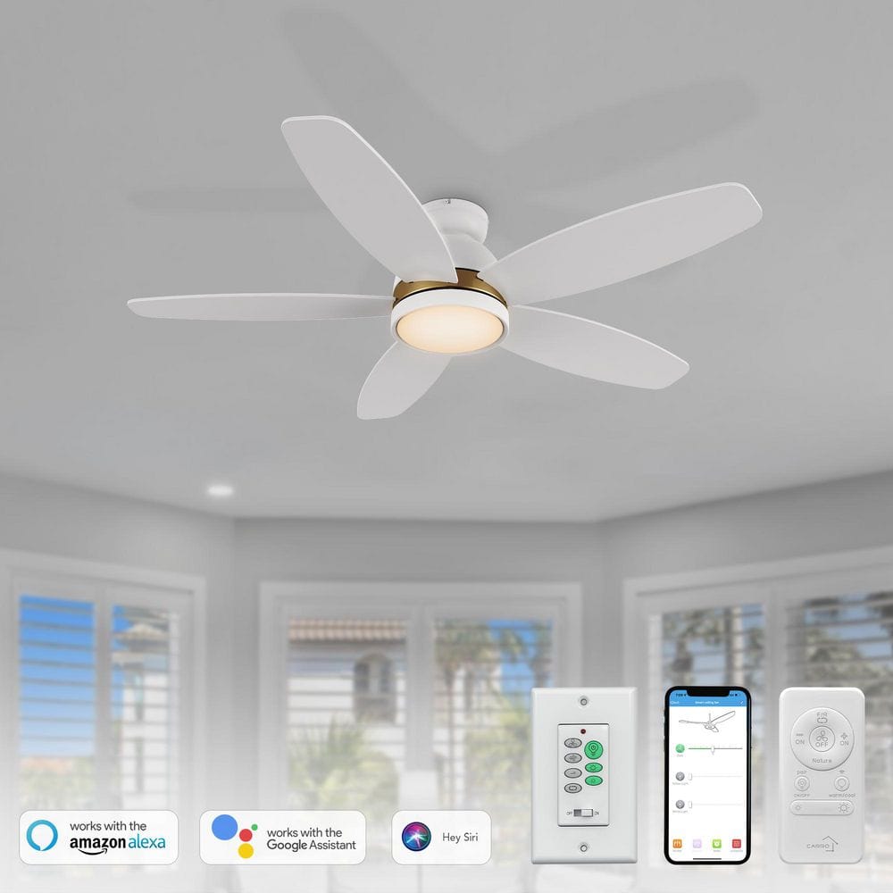 48 in. Smart Indoor/Outdoor White Flush Mount LED Standard Ceiling Fan with Remote Control, Wall Control and DC Motor