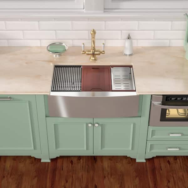 33 in. Apron-Front Farmhouse Sink Single Bowl 16-Gauge Brushed Stainless Steel Workstation Kitchen Sink