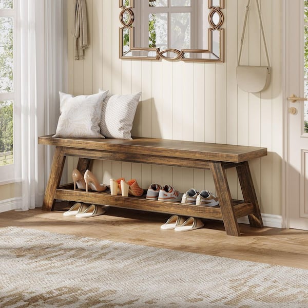 Brennan Wood Brown Rectangal Foyer Entryway Bench 2-Open Back Storage Shoe Shelves Indoor Home Office Farmhouse 55 in.