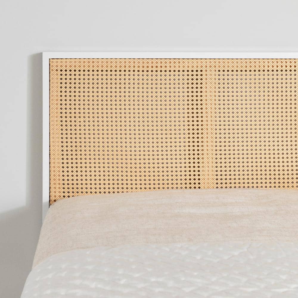 Full White and Natural Metal Platform Bed with Cane Headboard