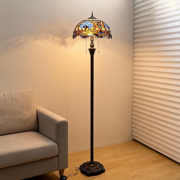 64 in. Tiffany Style Bronze Finish 2-Light Standard Floor Lamp with Multi-Colored Baroque Stained Glass Lamp Shade