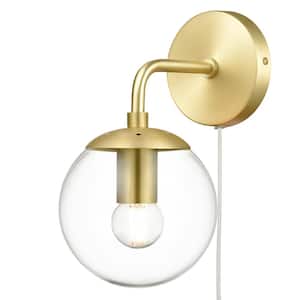 Greta 4.75 in. Brushed Brass/Clear Globe Plug-In Wall Sconce with Glass Shade
