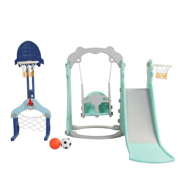 TIRAMISUBEST Outdoor/Indoor HDPE 5-in-1 Playset with Slide, Swing and Ball Hoop/Gate