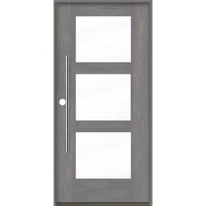 Modern Faux Pivot 36 in. x 80 in. 3-Lite Right-Hand/Inswing Clear Glass Malibu Grey Stain Fiberglass Prehung Front Door