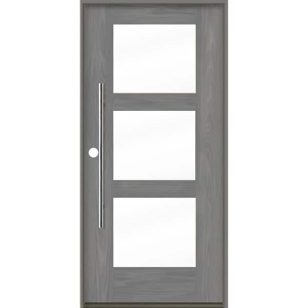 Krosswood Doors Modern Faux Pivot 36 in. x 80 in. 3-Lite Right-Hand/Inswing Clear Glass Malibu Grey Stain Fiberglass Prehung Front Door