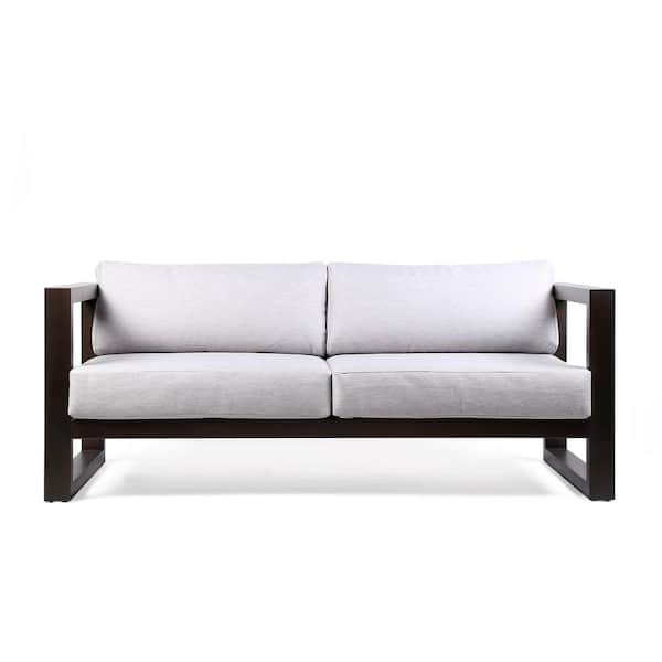 Armen Living Paradise Outdoor Patio Sofa in Eucalyptus Wood with Earth Finish and Light Gray Fabric