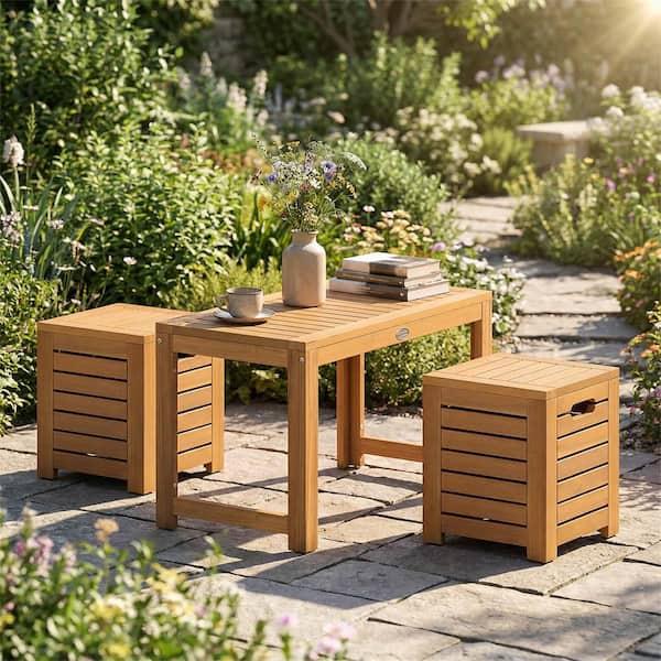 3 Pieces Patio Rectangular Table and Stools Set with Hidden Storage Space for Balcony