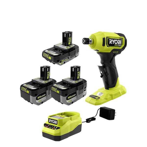 RYOBI ONE+ HP 18V Brushless Cordless Compact 1/4 in. Right Angle Grinder Kit w/(2)4.0Ah Batteries, (1)2.0Ah Battery, Charger