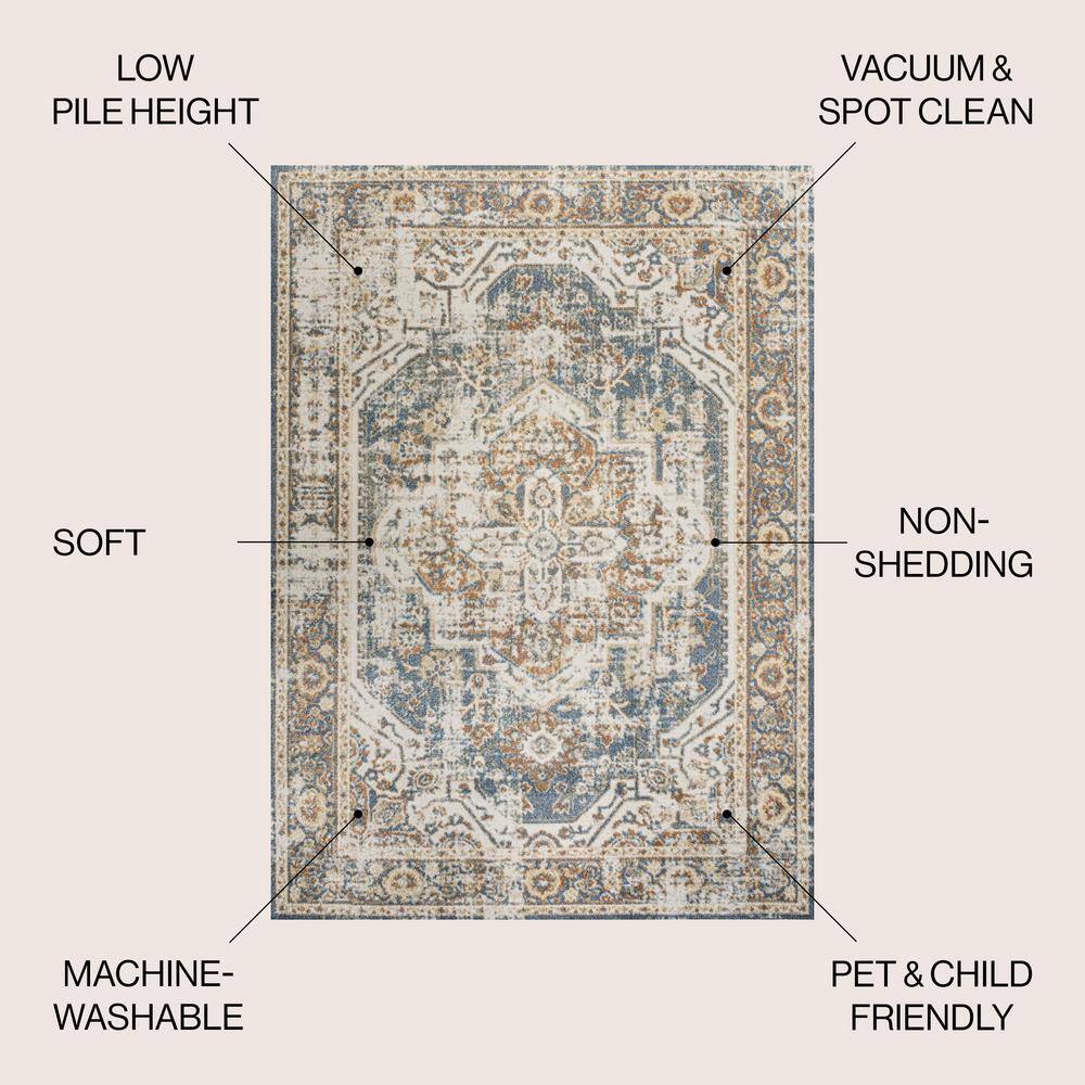 Blue and Cream Medallion Washable Synthetic Area Rug