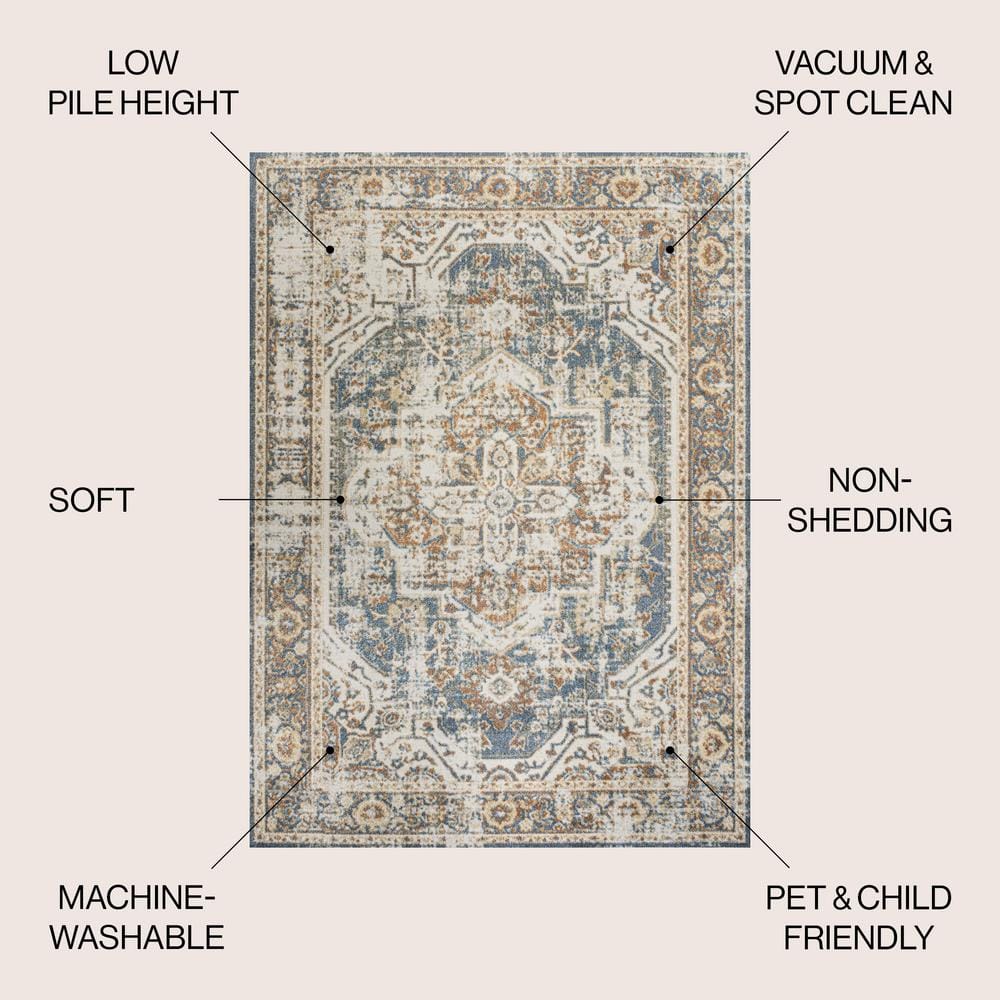 Blue and Cream Medallion Washable Synthetic 4' x 6' Rug