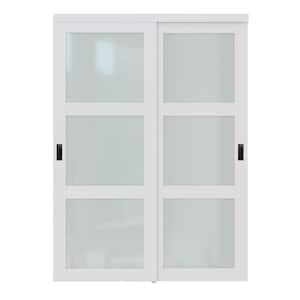 60 in. x 80 in. 3-Lite Frosted Glass White Finished MDF Interior Closet Sliding Door with Hardware and Black Handles