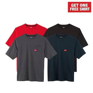Men's Large Multi-Color Heavy-Duty Cotton/Polyester Short-Sleeve Pocket T-Shirt (4-Pack)