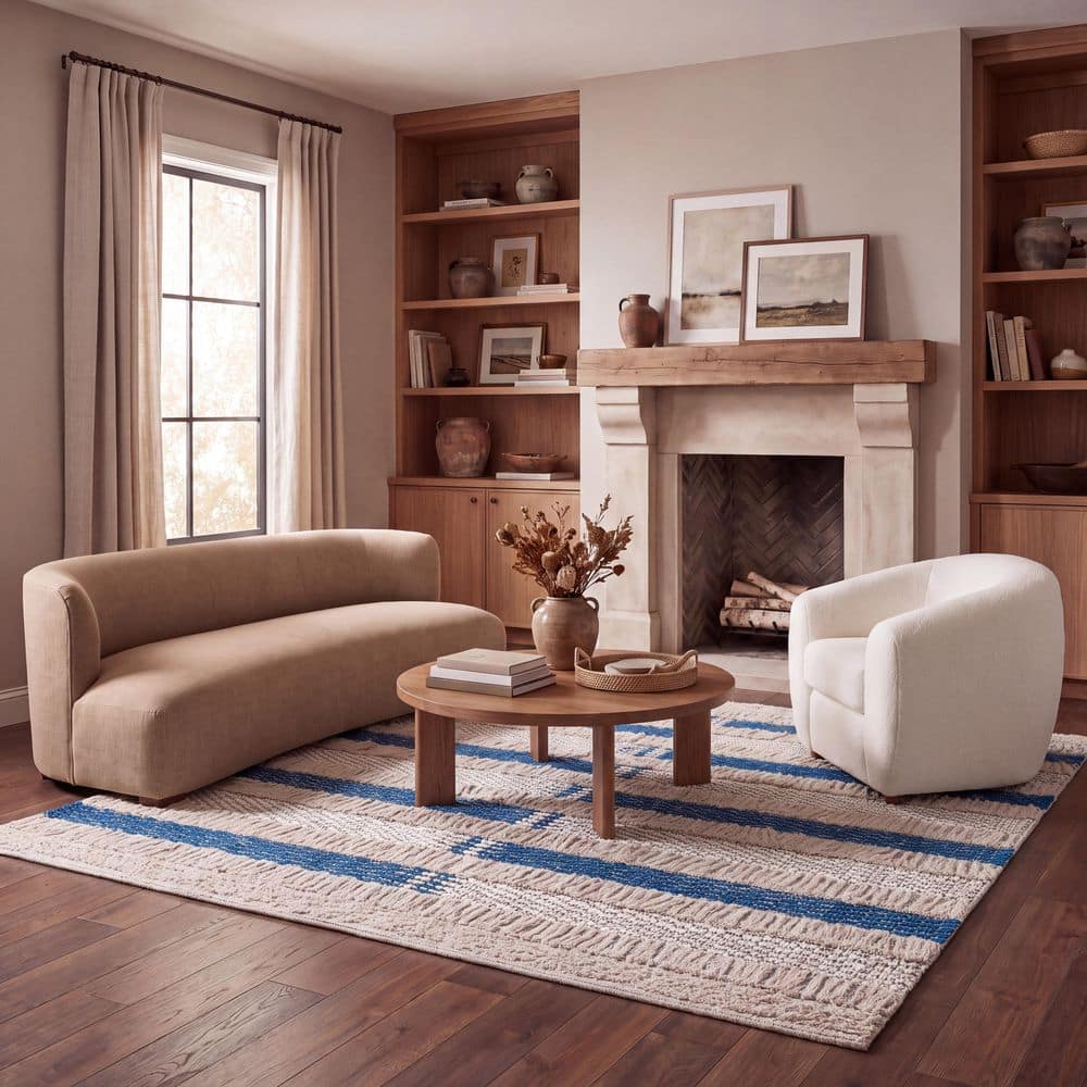 Natura 6 ft. x 6 ft. Beige/Navy Distressed Striped Square Area Rug