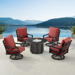 Black 7-Piece Aluminum Patio Fire Pit Set with 4-Club Chairs Red Cushions