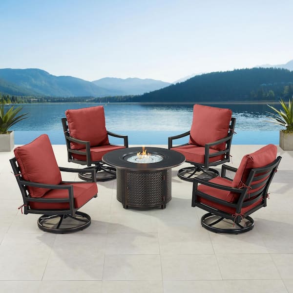 Oakland Living Black 7-Piece Aluminum Patio Fire Pit Set with 4-Club Chairs Red Cushions