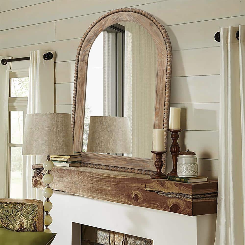 Natural Wood Oval Arch Wall Mirror with Beaded Frame