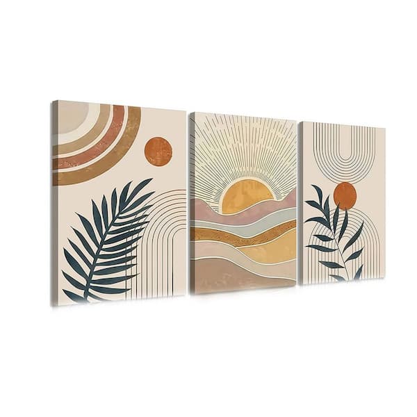 3Pcs Framed Boho Abstract Wall Art Orange Rainbow Sun Desert Minimalist Picture 24L x 16W