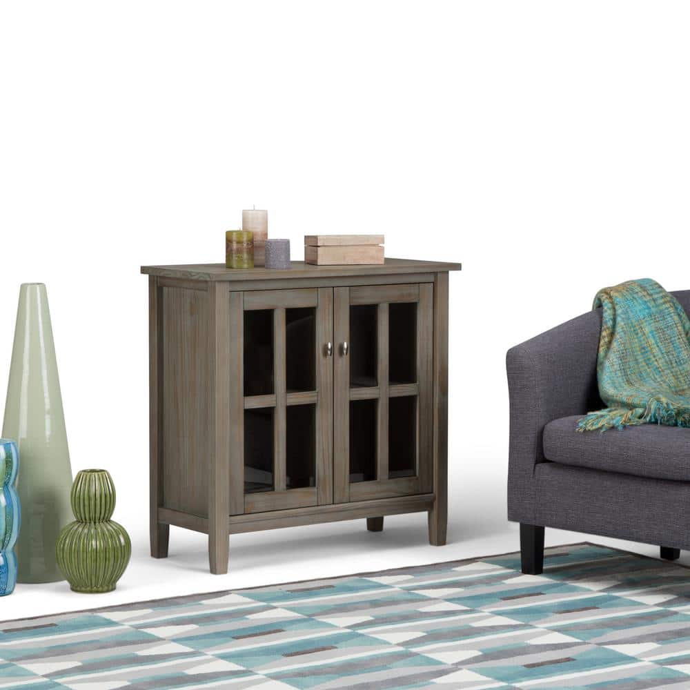 Rustic Distressed Grey Low Cupboard with Tempered Glass Doors