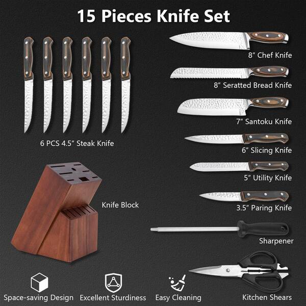Bunpeony 14-Piece Stainless Steel Knife Set with Block, Sharpener