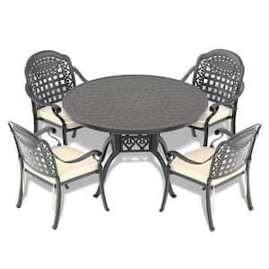 Isabella Black 5-Piece Cast Aluminum Outdoor Dining Set with Round Table and Dining Chairs and Random Color Seat Cushion
