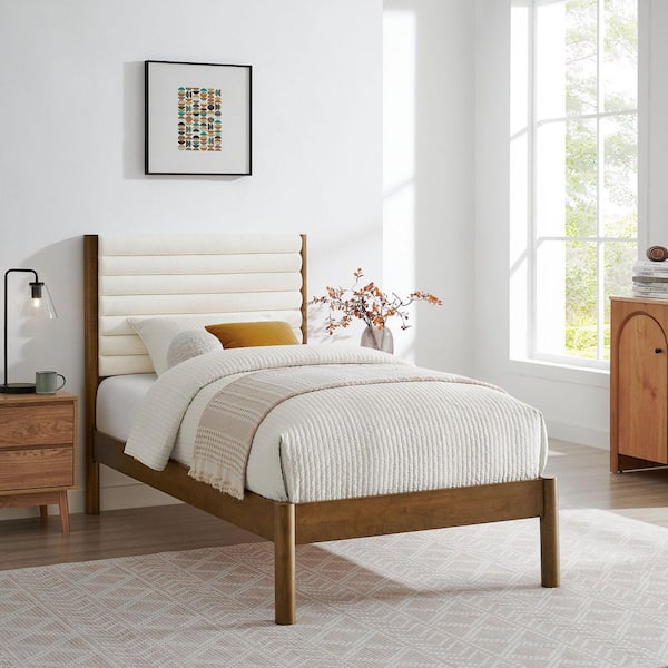 Olea Feather Walnut Brown Solid Wood Frame Twin Platform Bed with Channel Tufted Boucle Fabric Headboard