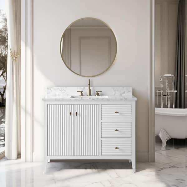 42 in. W x 22 in D x 38 in. H Single Sink Bathroom Vanity Cabinet in Linear White with Engineered Marble Top