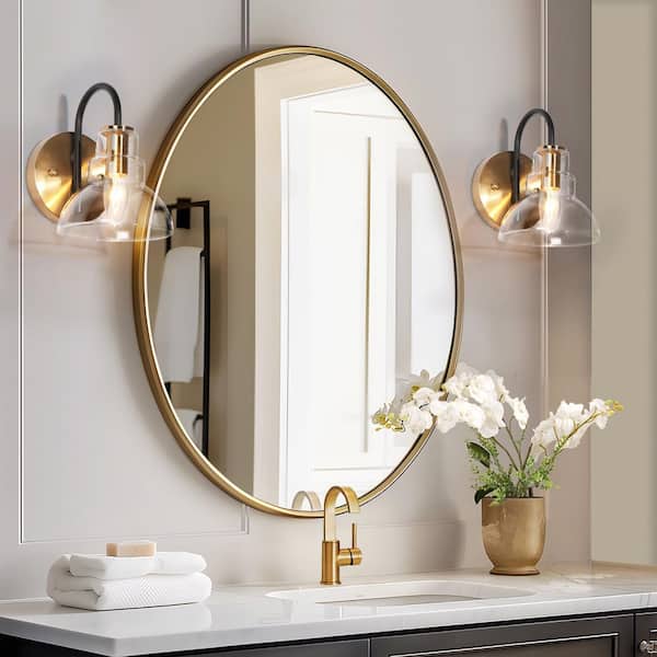 1-Light Brass-Plated Indoor Wall Sconce Lighting, Modern Farmhouse Wall Light Fixtures, Clear Glass Black Vanity Light