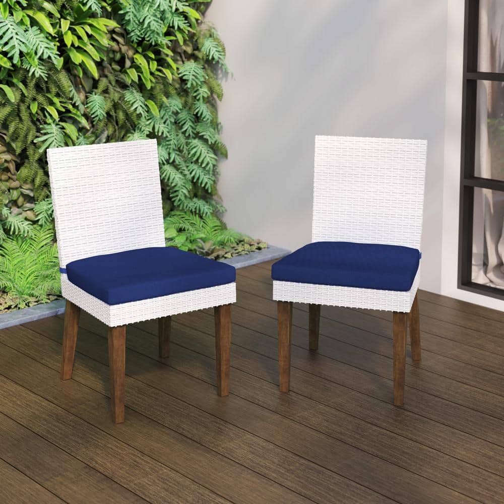 White Wicker Outdoor Dining Chairs with Navy Cushions, Set of 2