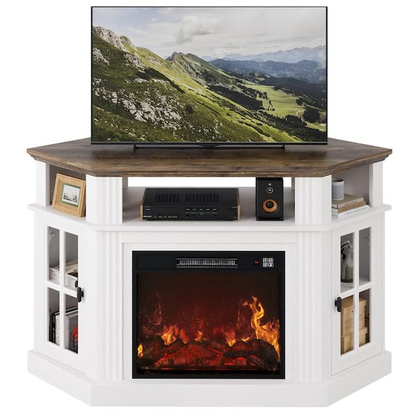 47 in. White Classic Corner TV Stand with Fireplace Fits TV's up to 55 in.