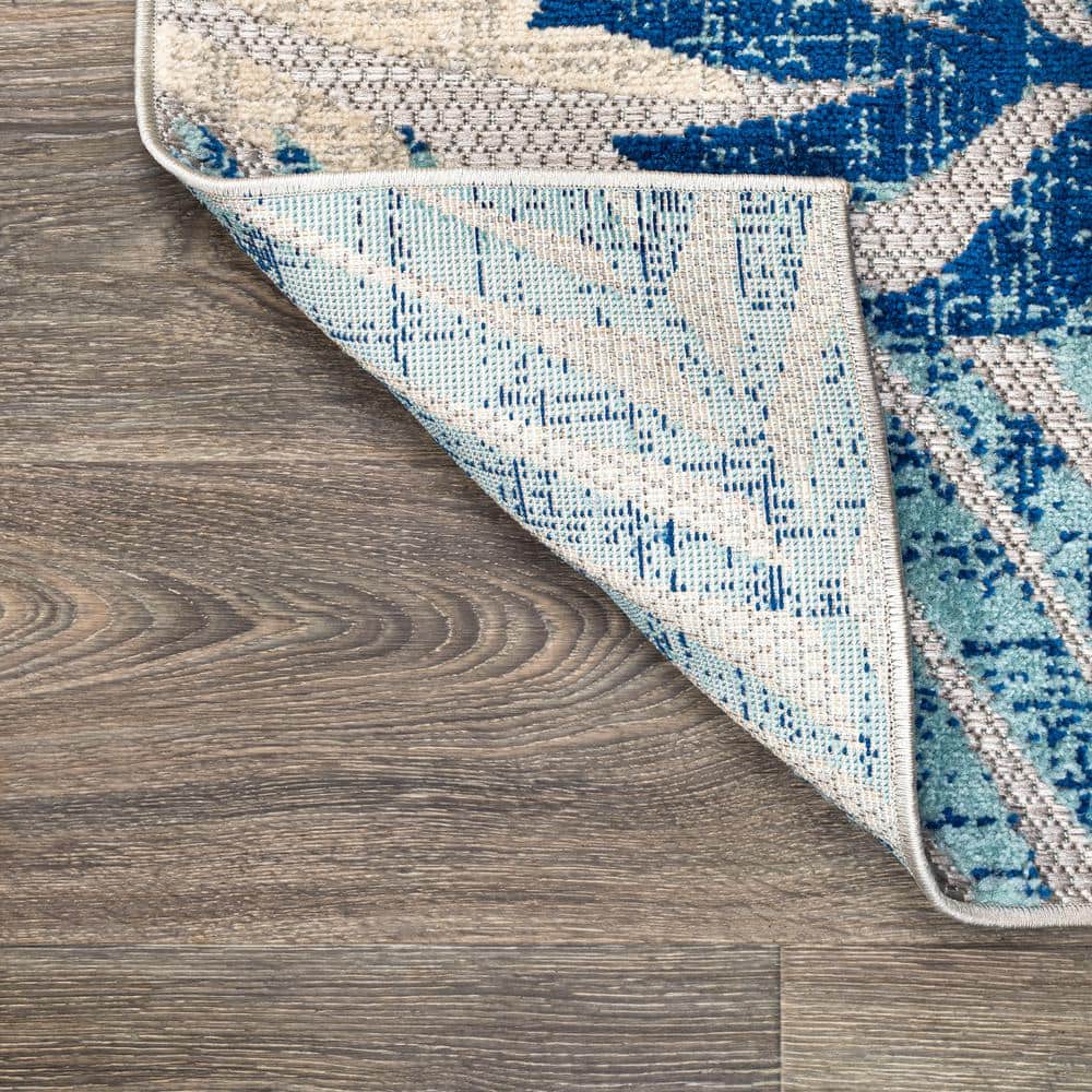 Gray and Blue Tropical Palm Leaves Synthetic Runner Rug
